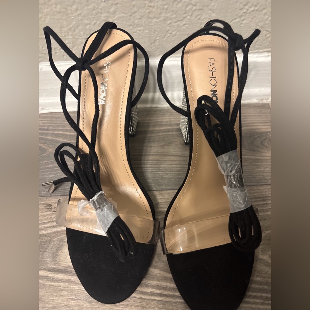 Fashion Nova Black and Clear Lace-Up Heels